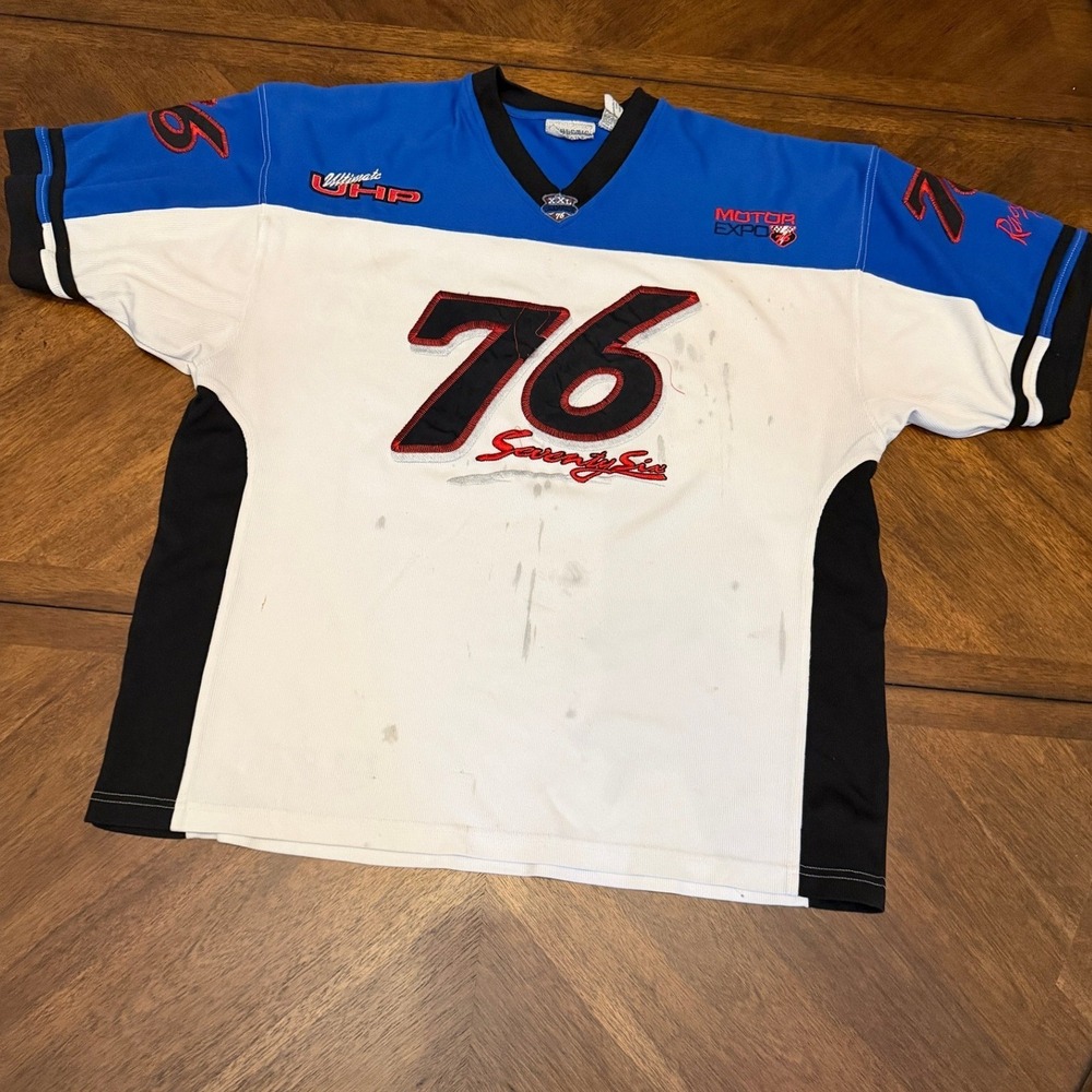 Athletic Works Mens 76 Racing Jersey XL White Blue Colorblock Motor Expo V-Neck